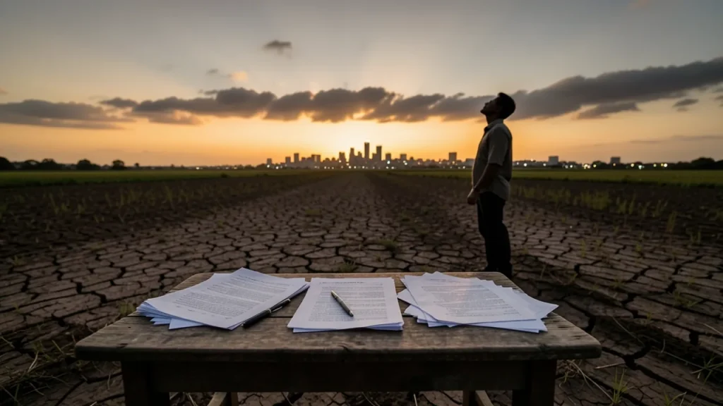 Farmer by a parched field at dusk with community notes on a nearby table.