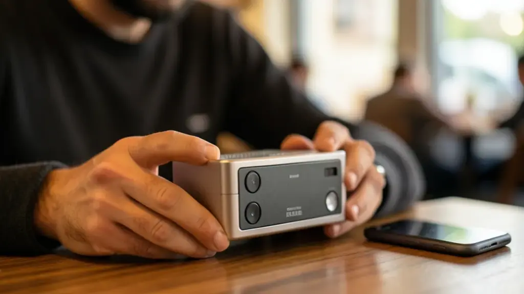 Hands holding heavier Walkman-style player next to a smaller smartphone on a table