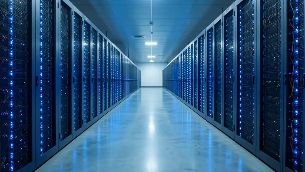 Long aisle of server racks in a large data center