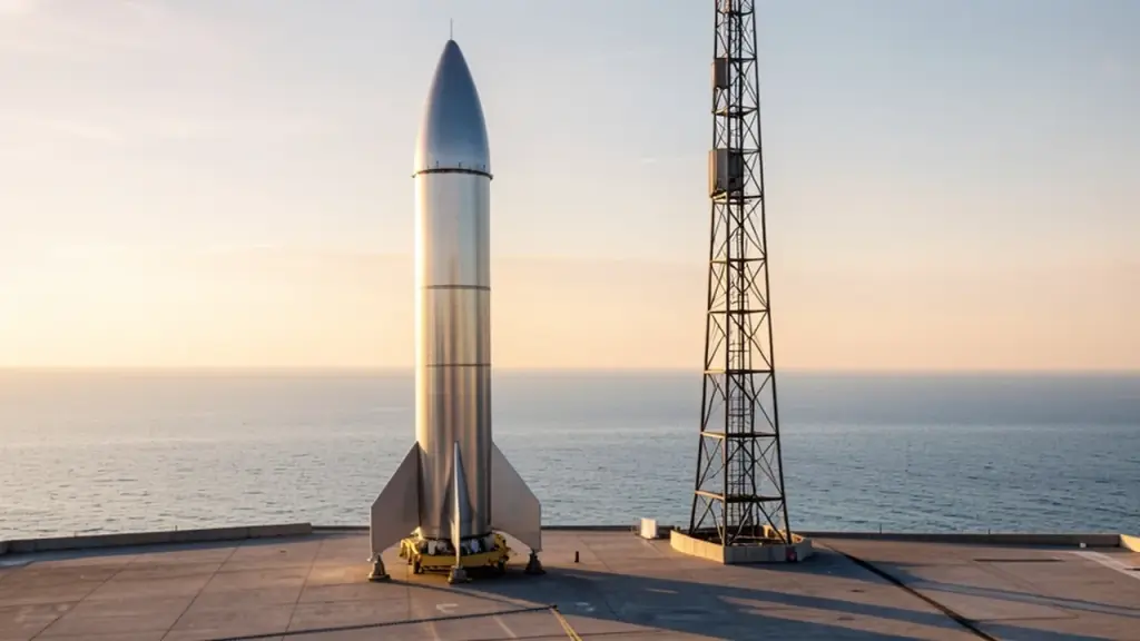Steel rocket on a coastal launch pad at sunrise