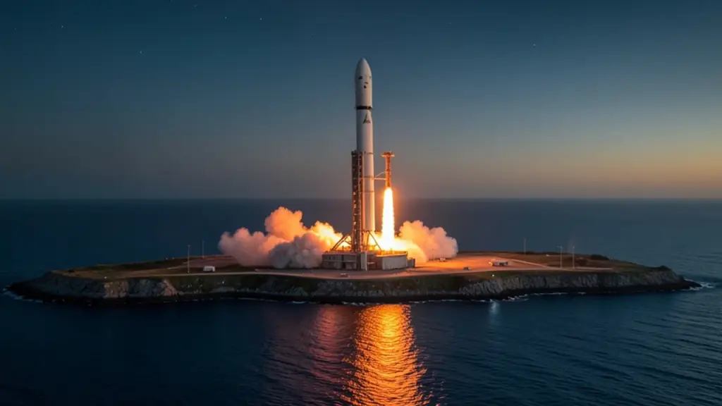 Rocket lifting off from a coastal launch pad before dawn