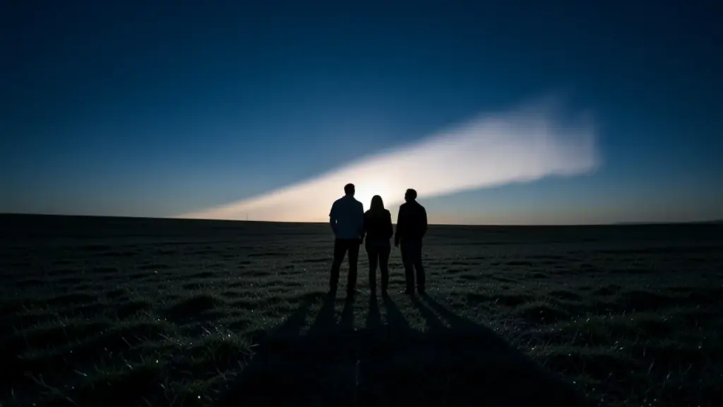 Skywatchers on an open field looking toward a faint glow in the dawn sky