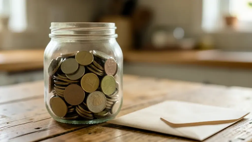 A savings jar of coins and an envelope on a kitchen table