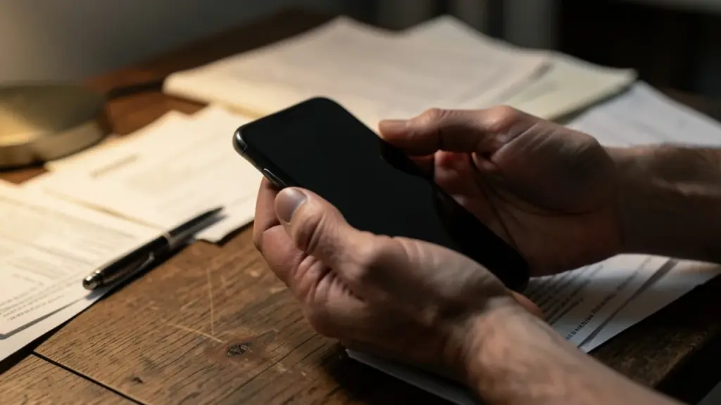 Hands holding a phone over household paperwork at a desk