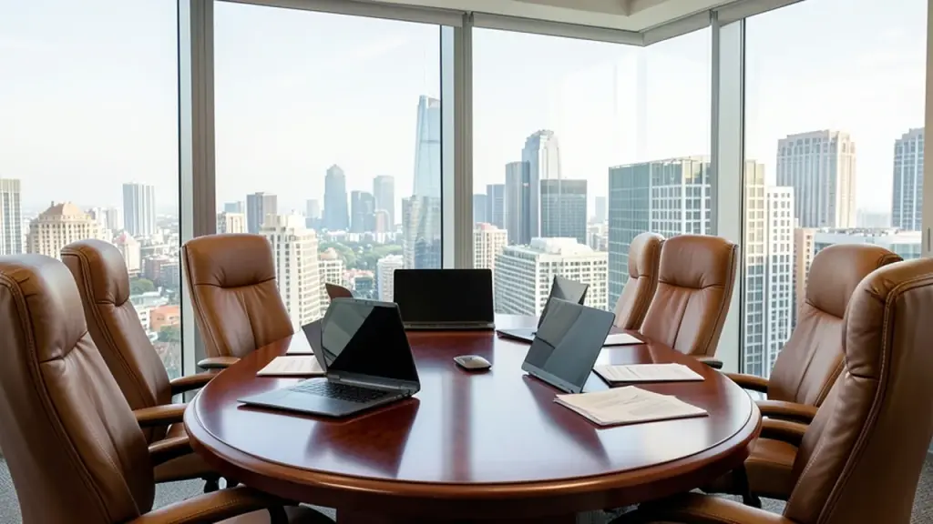 Empty boardroom table with closed laptops and papers