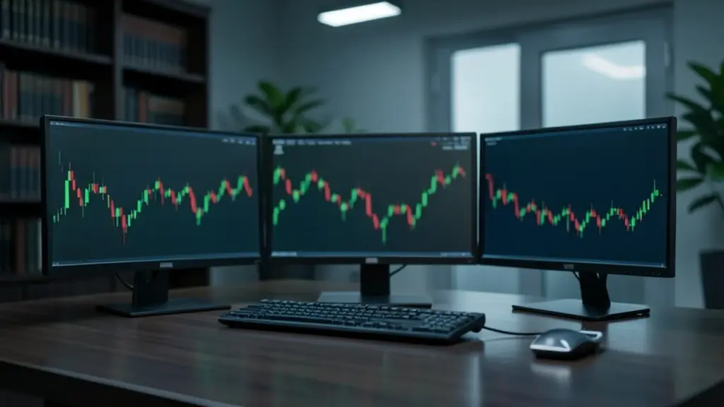 Trading desk monitors with blurred stock charts