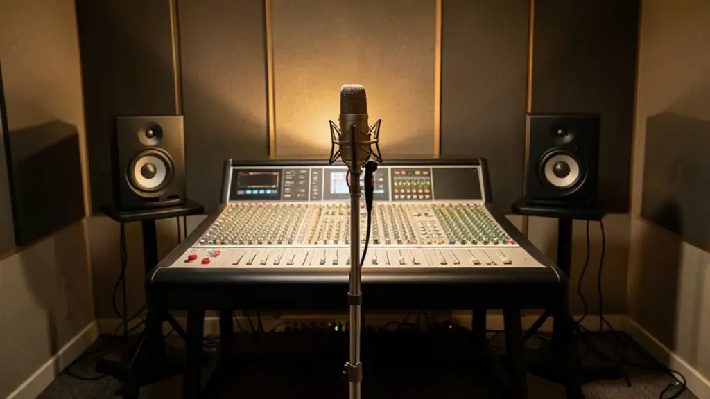 A home recording studio with a microphone and mixing desk
