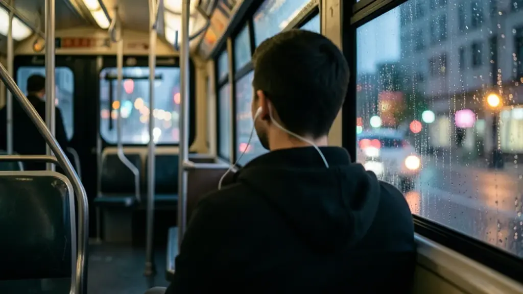 A commuter wearing earbuds on a rainy city bus, seen from behind