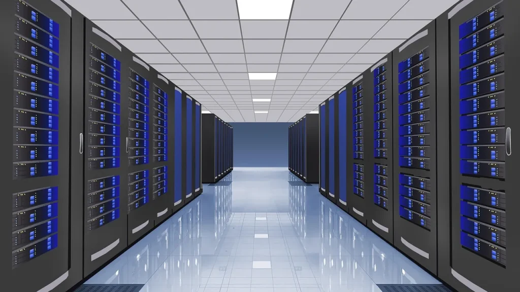 Rows of server racks in a data center with cool blue lighting