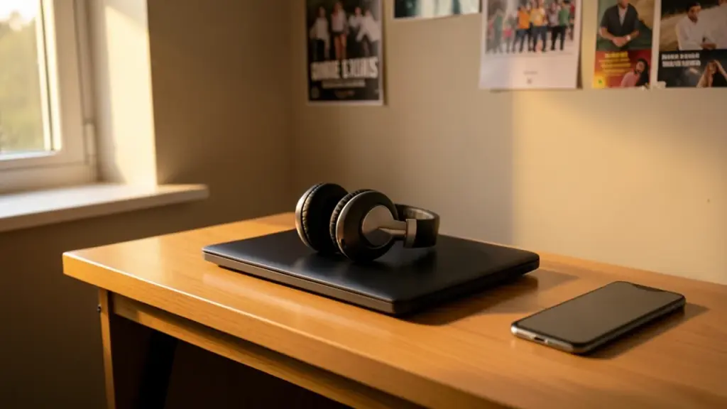 Headphones and a phone on a dorm room desk