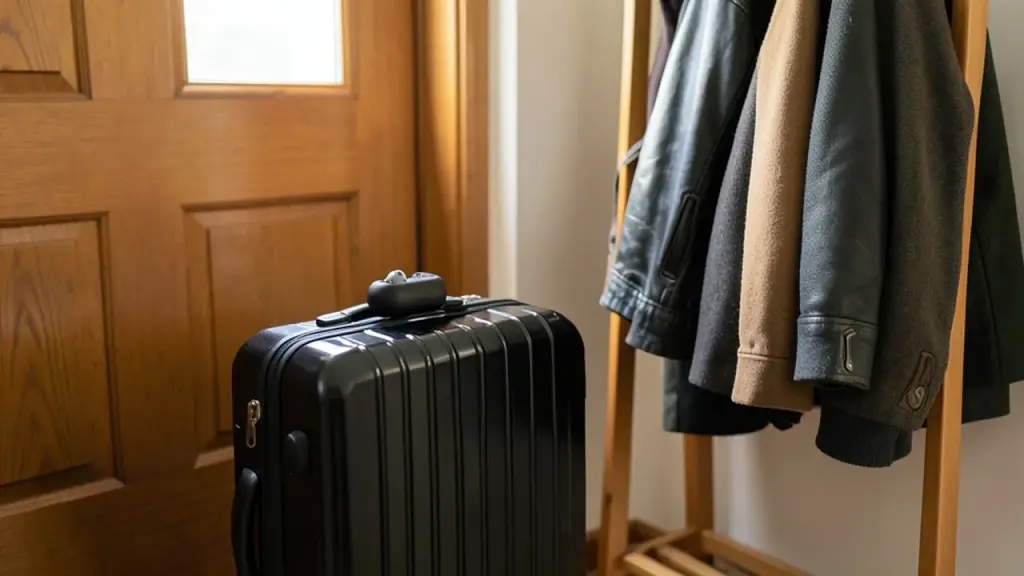 Suitcase by a front door with an earbuds case on top