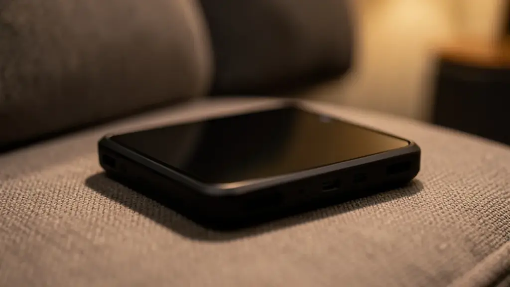 Handheld gaming PC resting on a couch cushion in lamp light
