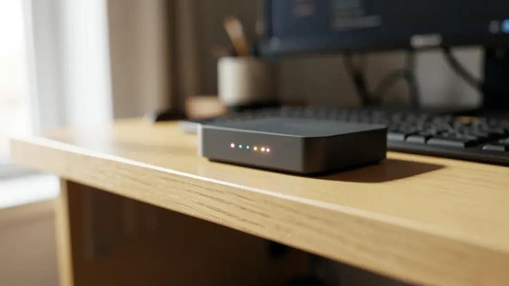 Home Wi-Fi router with status lights on a shelf