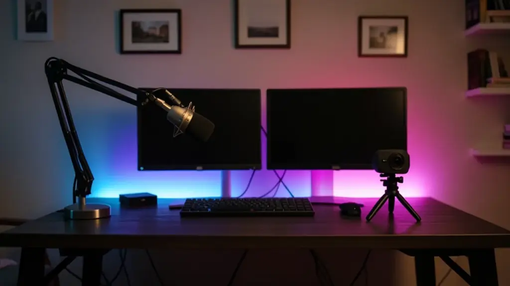 Live streaming desk with microphone, webcam and RGB lights