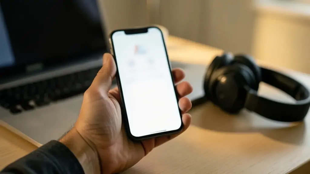 Hand holding a smartphone with a blurred screen at a desk