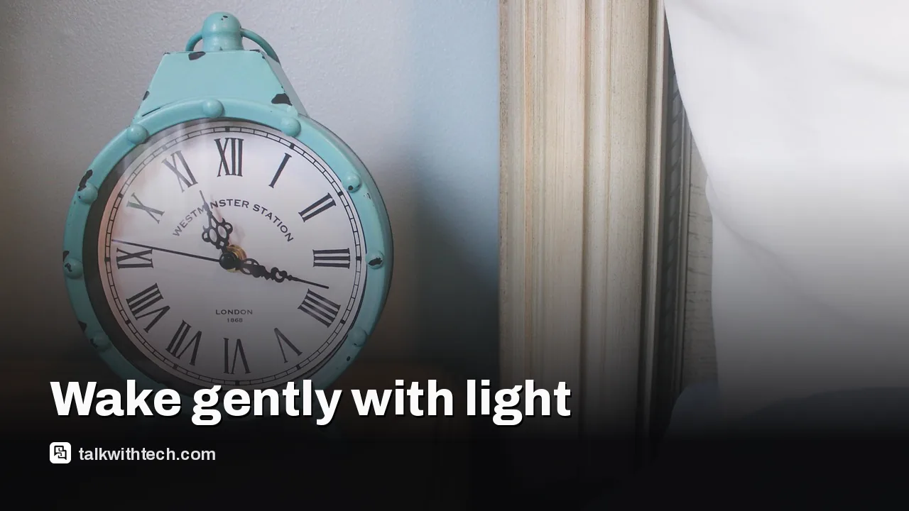 A sunrise alarm clock glowing softly on a nightstand