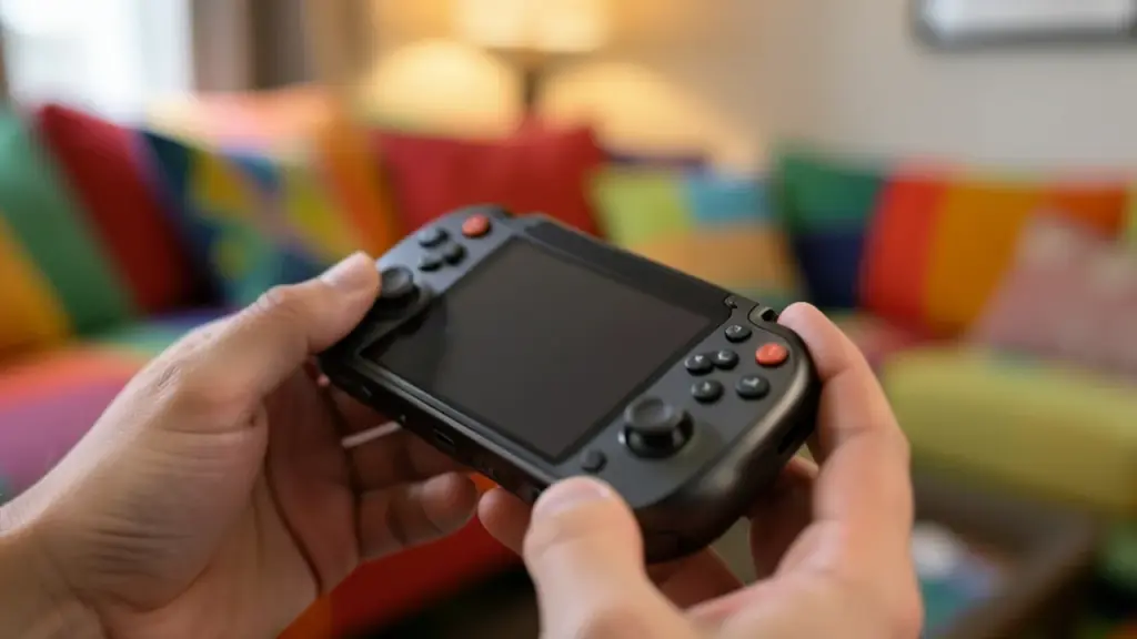 Hands holding a handheld game console