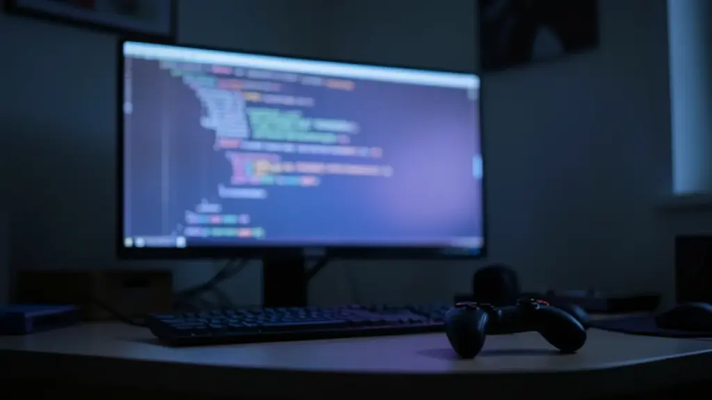 Monitor with blurred code and a game controller on a desk