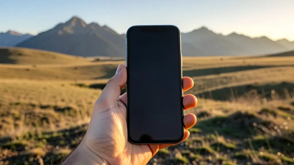 A phone held up in an empty rural area with mountains
