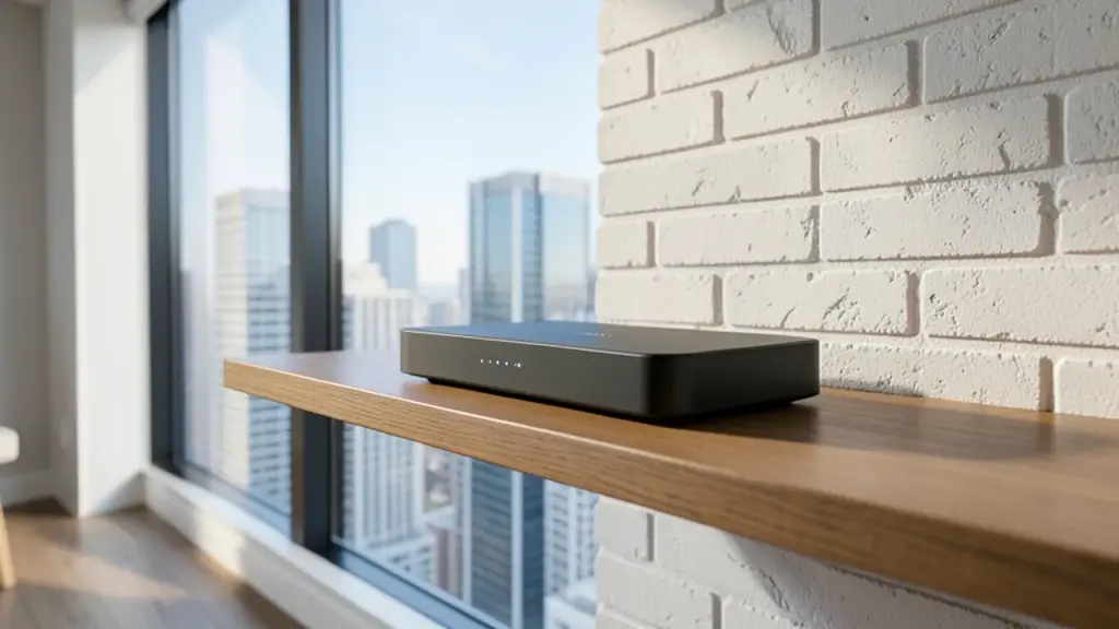 A home internet router in a city apartment