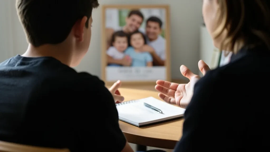 Over-the-shoulder of teen listening as parent gestures, notebook on table.