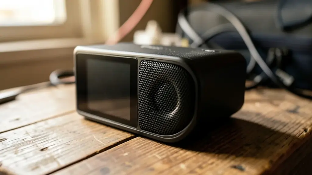 Speaker mode close-up on a wood desk with case nearby.