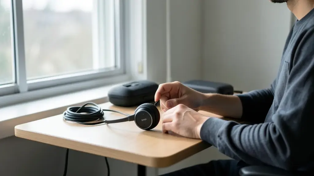 Person using Neo at a desk, focus on device in headphone mode.