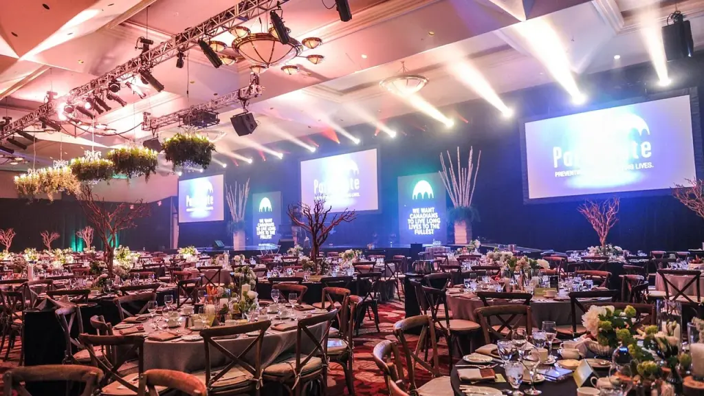 A generic luxury event hall with chandeliers and seating