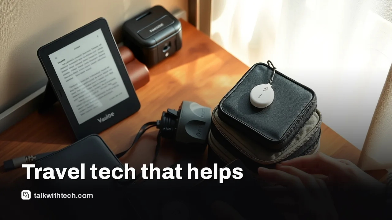E-reader, travel wallet, packing cubes and luggage tracker on a hotel nightstand.