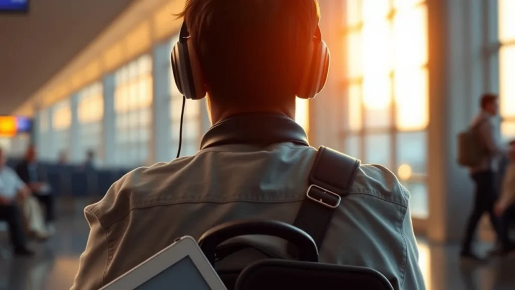 Silhouette traveler at gate with carry-on, travel wallet, e-reader and tracker visible.