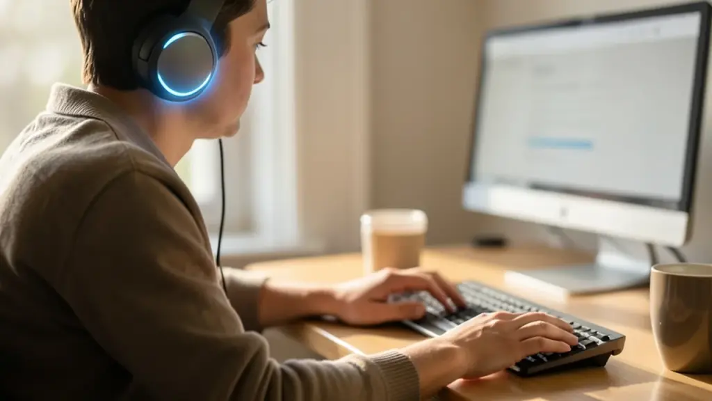 Person wearing headphones for focused work in a quiet home office.