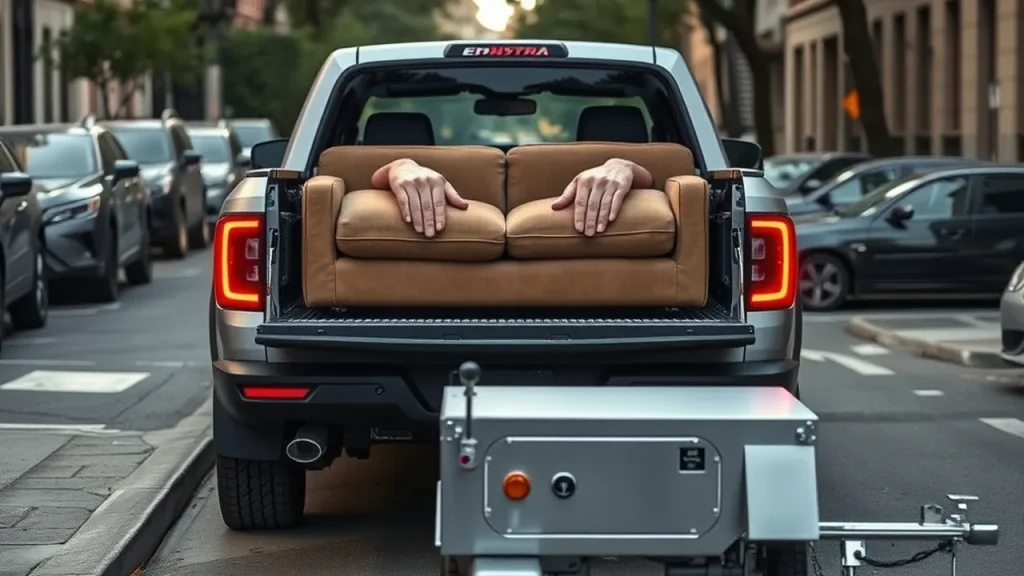 Urban residents loading a sofa into a compact pickup bed, tow hitch and trailer visible
