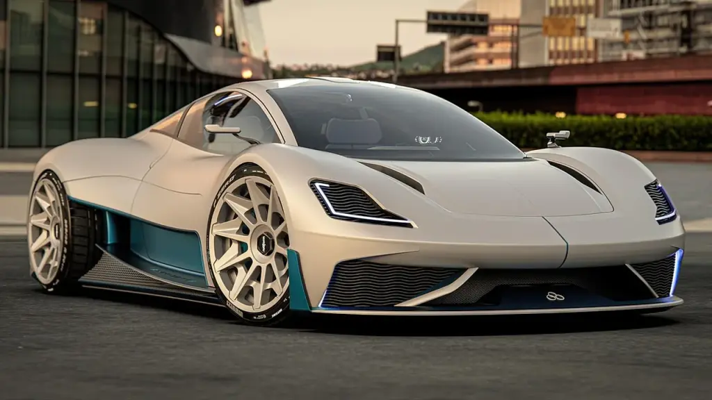 A futuristic electric car on a stage during a reveal event