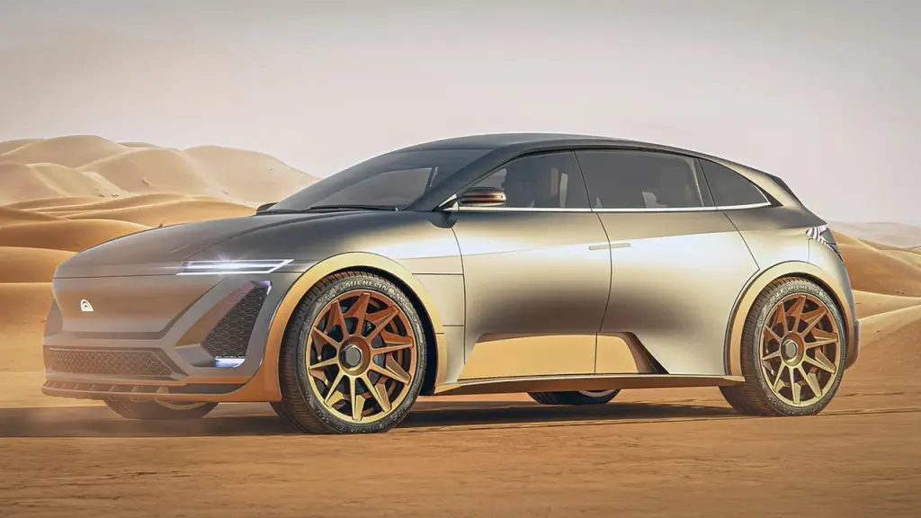 A concept electric sports car during a flashy air‑borne display