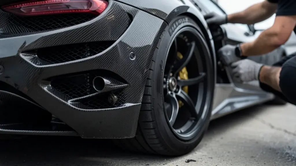 Detail shot of roadster rear, carbon-fiber vents and thruster nozzles with gloved hands.