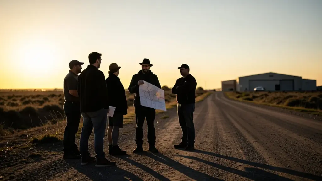Silhouetted reservation holders watching a distant hangar in Waco at golden hour.