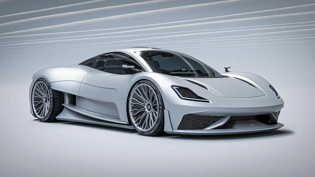 Frontansicht eines schlanken Elektroauto‑Chassis