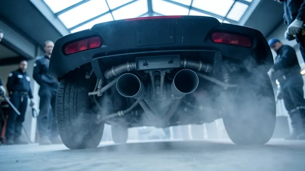 Rear view of nitrogen jets lifting a Roadster, technicians nearby.