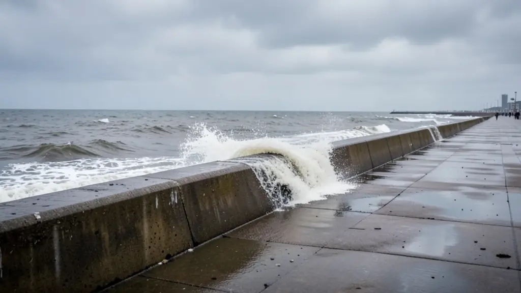 Waves splashing over a coastal seawall at high tide