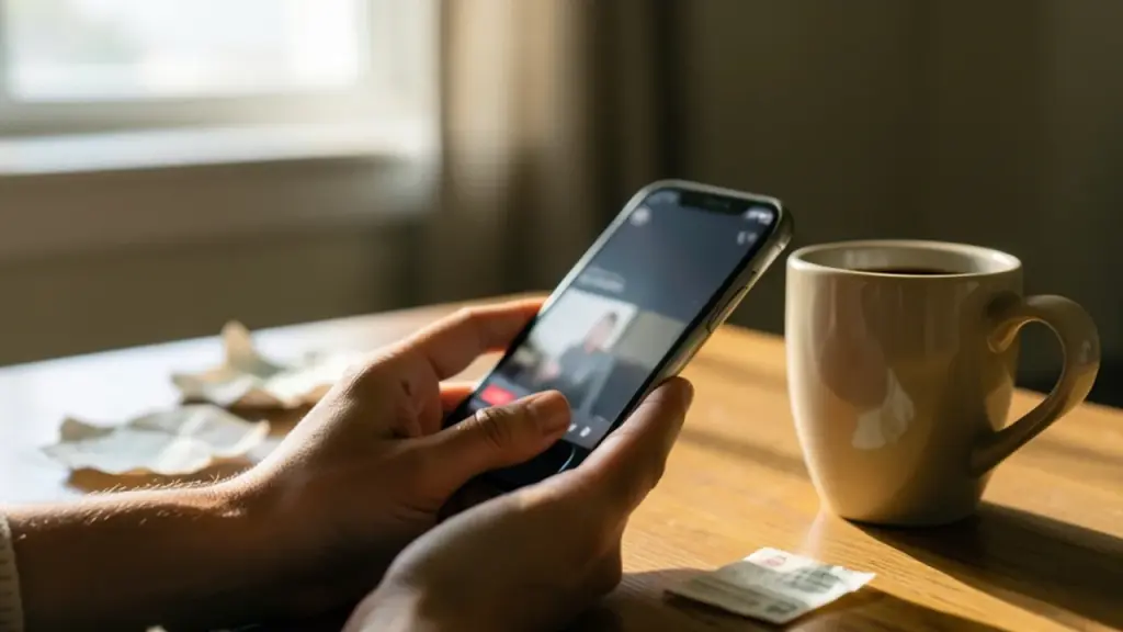 Hands scrolling on a smartphone showing a video