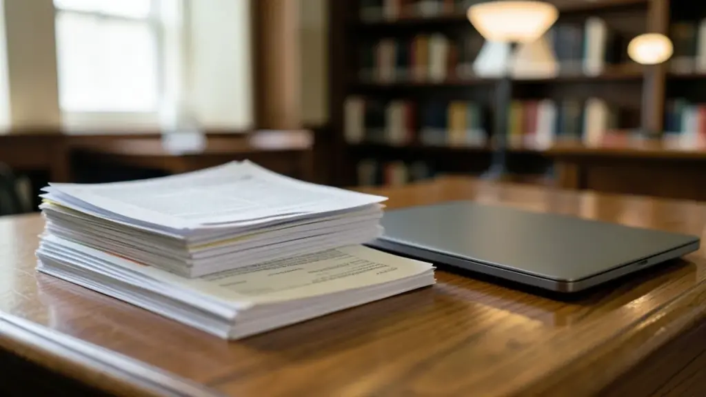 A stack of legal papers and a closed laptop on a library desk