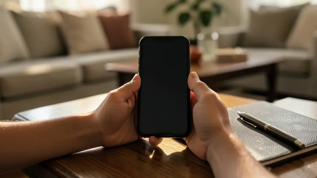 An adult's hands holding a smartphone at a living room table