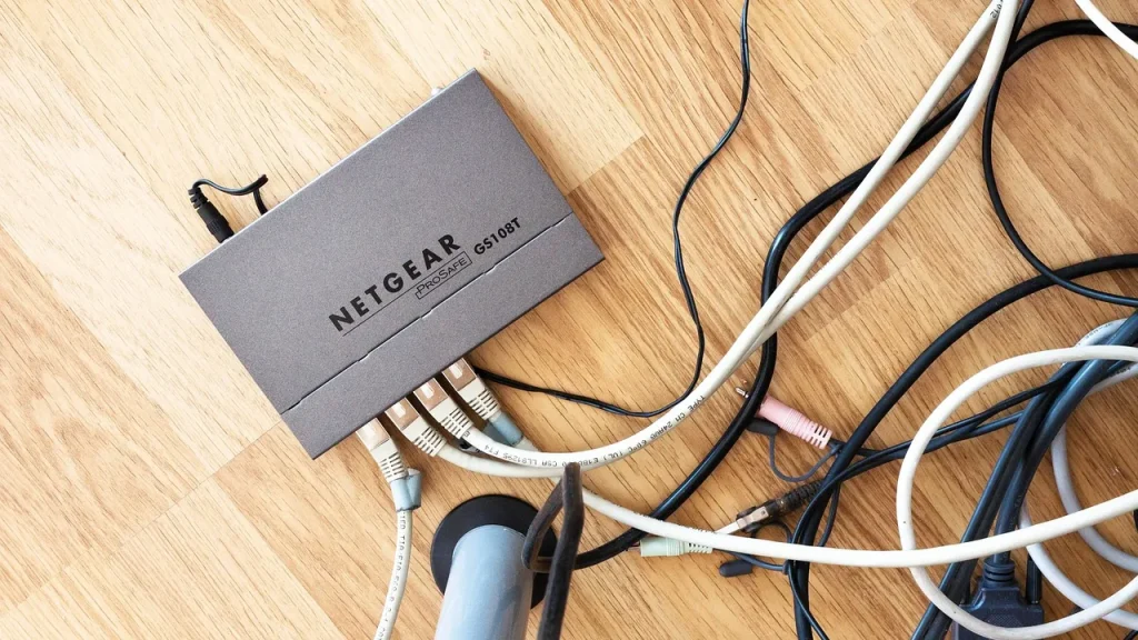 A home networking router with Ethernet cables