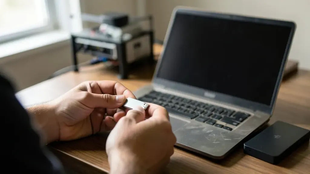 Hands holding USB beside laptop and external SSD, VM rig blurred