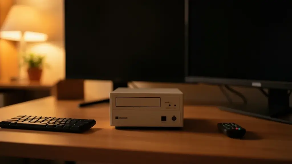 Tiny PC box beside TV and remote on a small home media desk