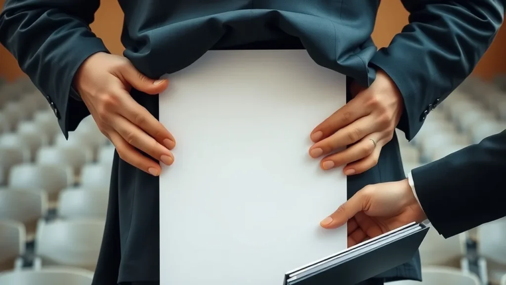 Hands unveiling a blank placard in a press room, aid and chairs blurred
