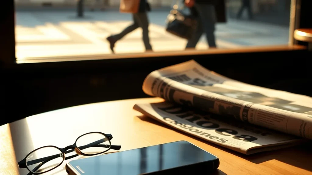 Café table with phone and glasses, newspaper folded, morning light reflection