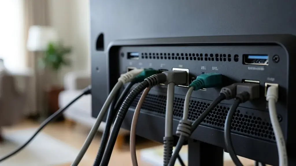 Cables plugged into the back of a television, one with a small adapter