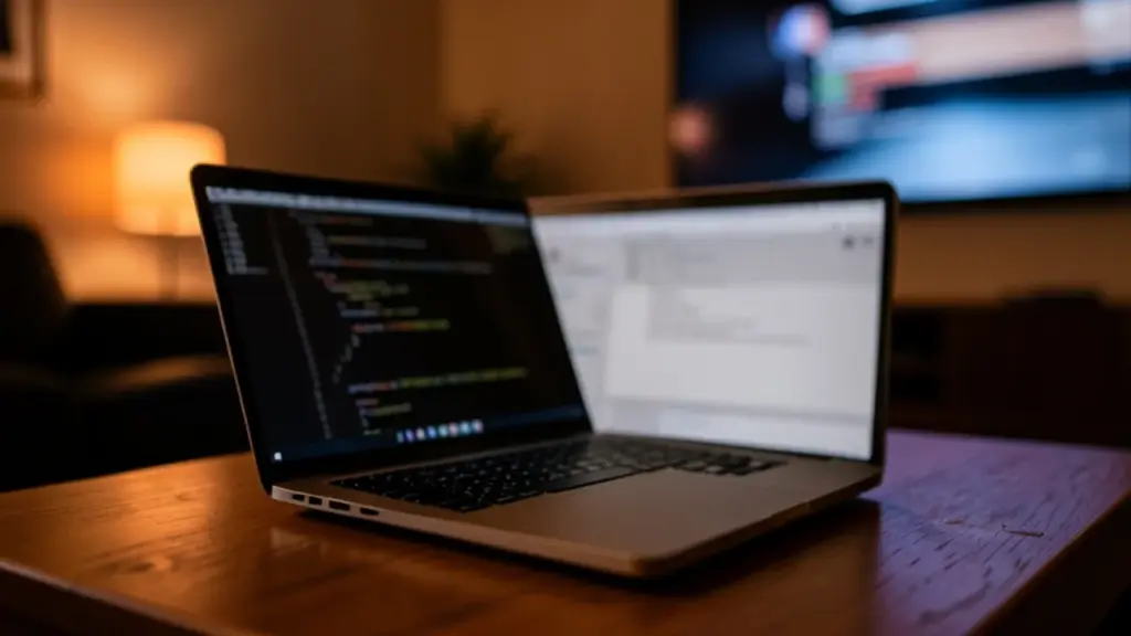 A laptop showing blurred code on a coffee table in front of a TV