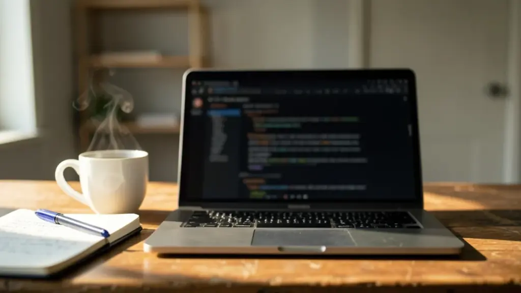 A laptop on a desk with a blurred web page and a cup of coffee